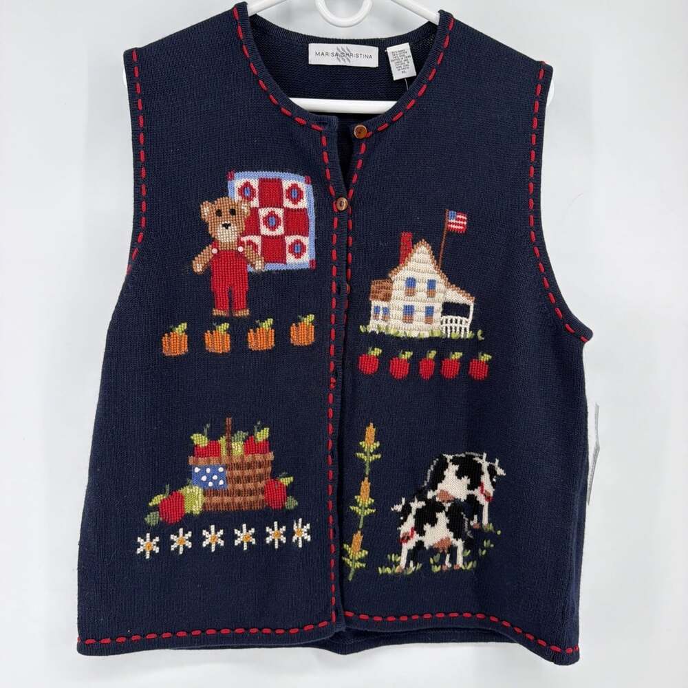 Marisa Christina Novelty Sweater Vest Sz XL Cow Quilt Bear Apples Teacher NWT